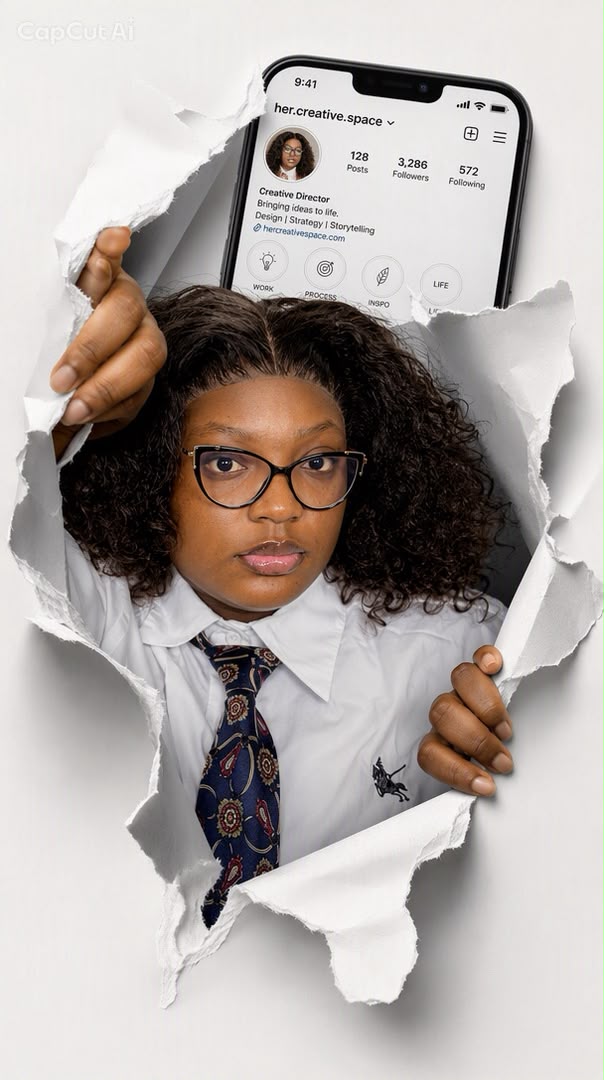 Creative director breaking through paper with her brand's social profile behind her